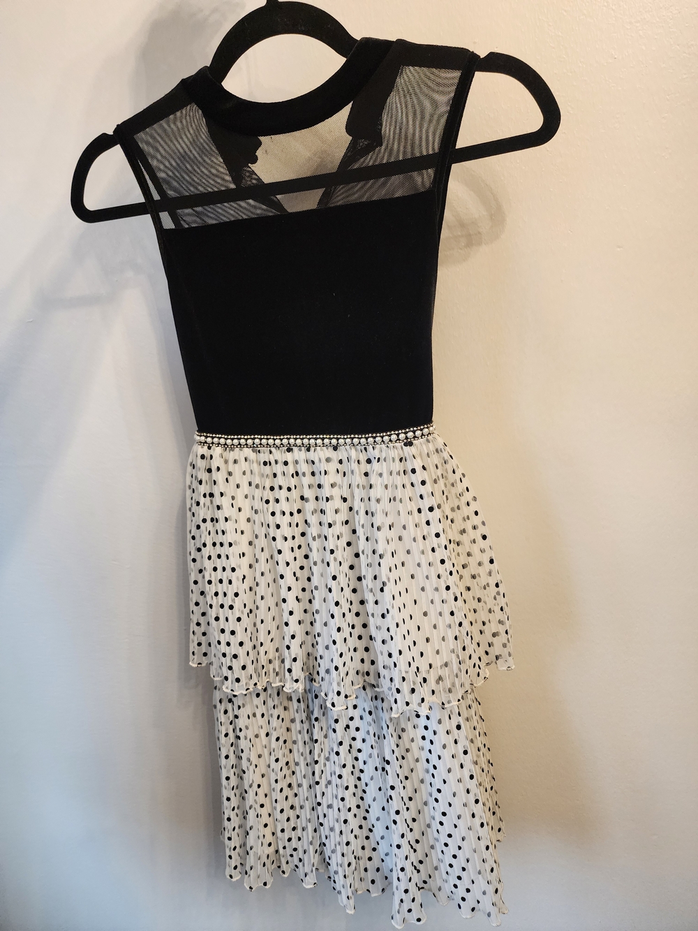 Black Mesh Bodice Polka Dot Tiered Skirt Dress